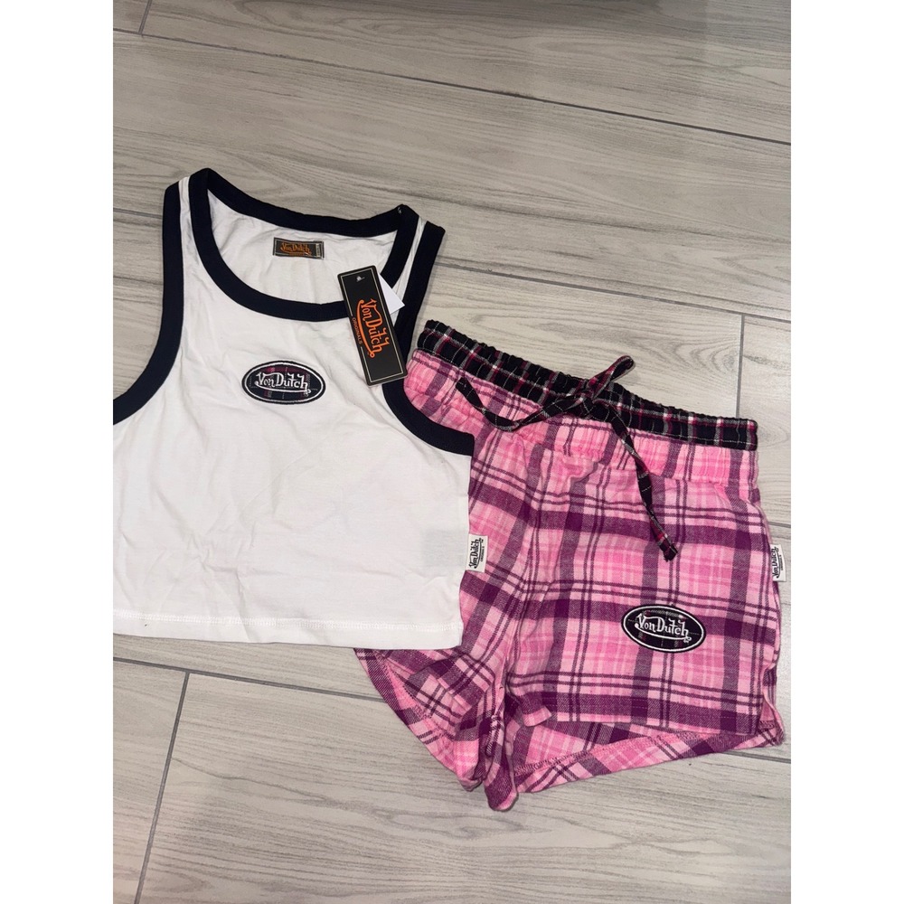 Von Dutch Originals Womens Pink Plaid Flannel Pajama Set Crop Tank Shorts S NEW